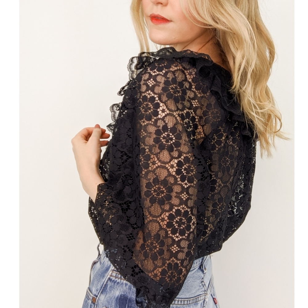 80s Black Sheer Floral Lace V Neck Prairie Blouse